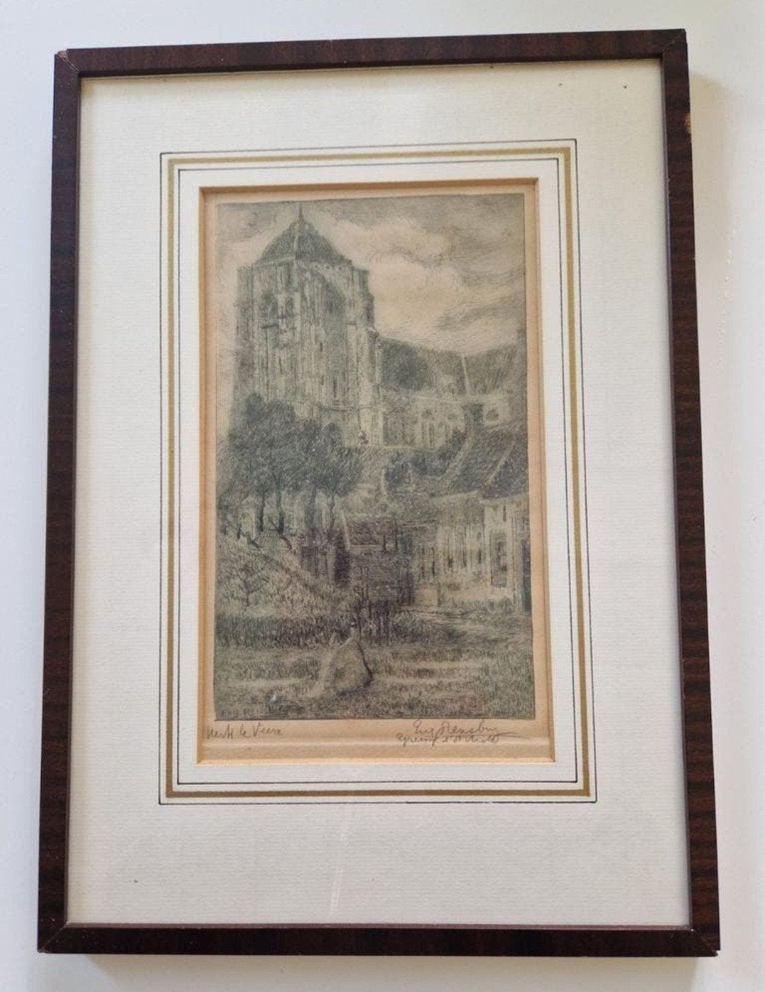 Antieke ets van kerk in Veere, gesigneerd, Ophalen of Verzenden, Tekening, Potloodtekening, Ingelijst