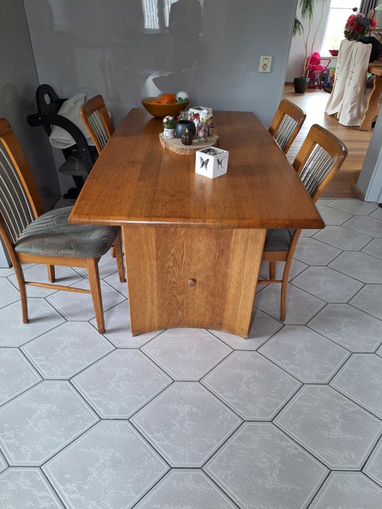 Blank eiken eethoek met 4 stoelen en metalen details, Huis en Inrichting, Stoelen, Ophalen, Gebruikt, Overige kleuren, Vier
