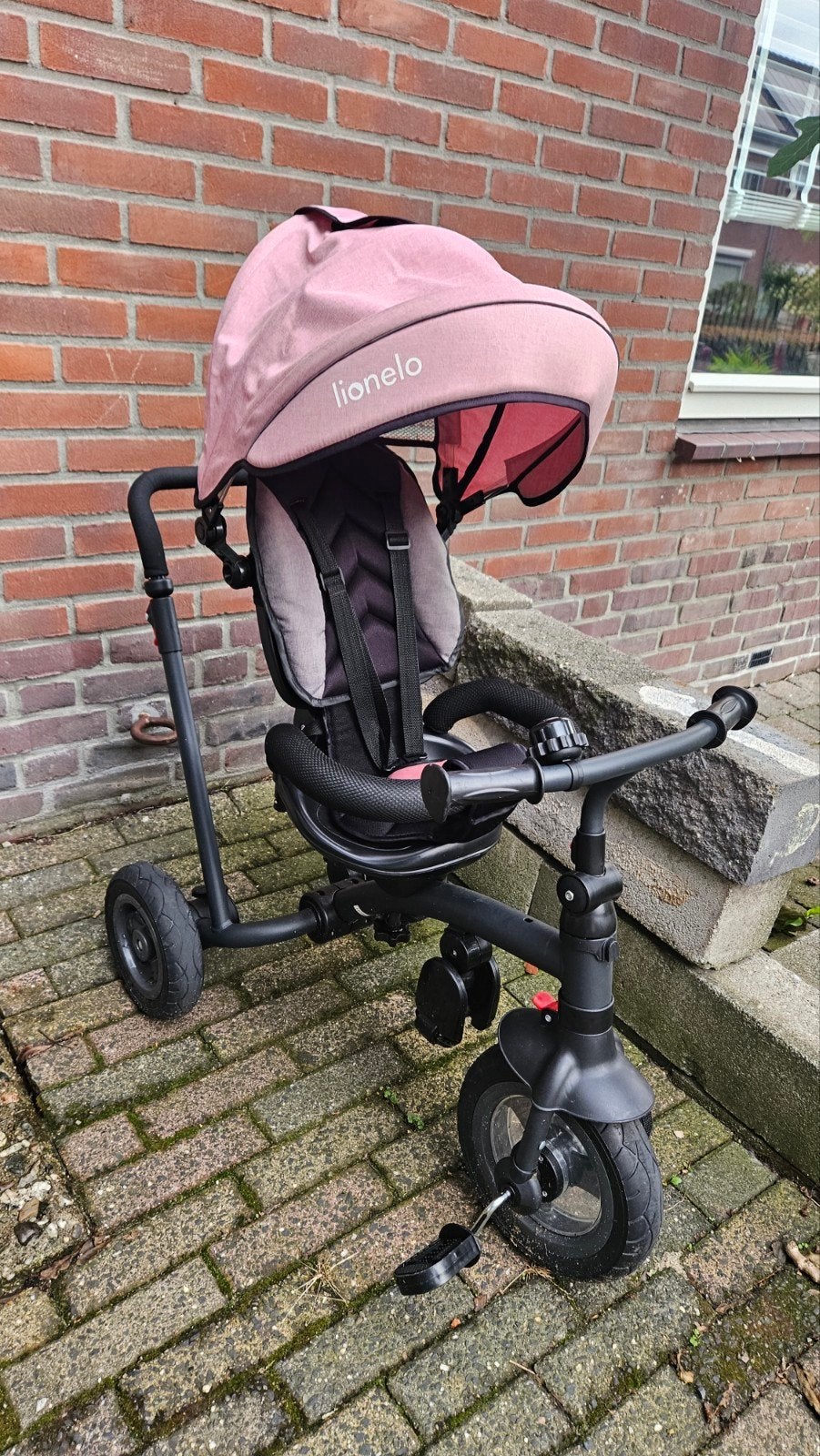 Lionelo driewieler met duwstang verstelbare zitting, Ophalen, Verstelbare zitting, Velgrem, Zo goed als nieuw