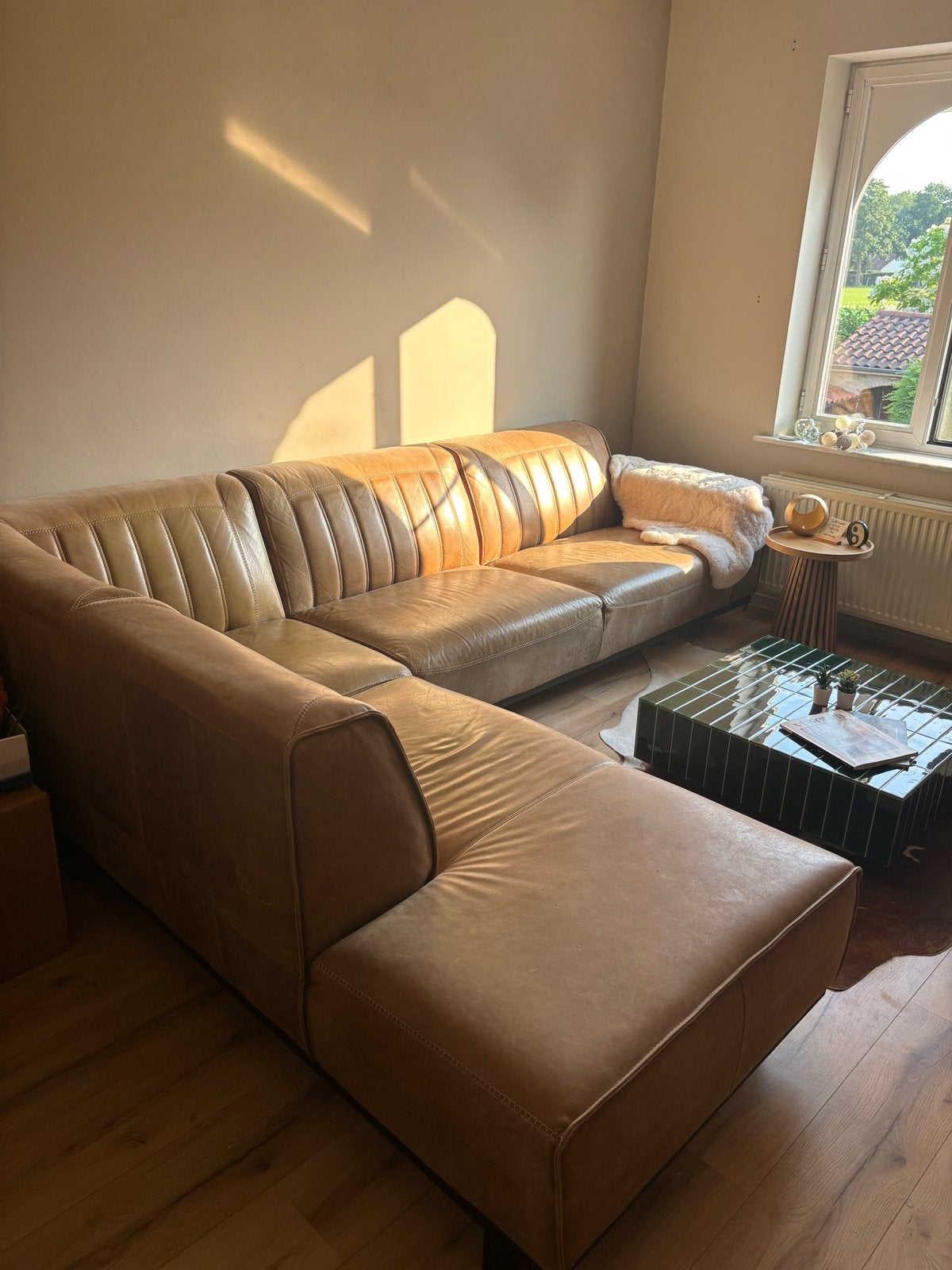 Leren cognac hoekbank - 225x300cm, Ophalen, Gebruikt, Leer, Industrieel