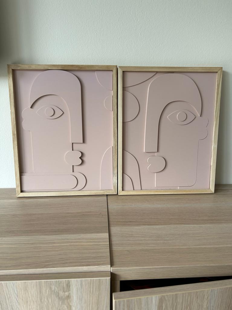 Abstracte gezichtskunst in houten frame, Hout, Roze, Ophalen of Verzenden, Zo goed als nieuw