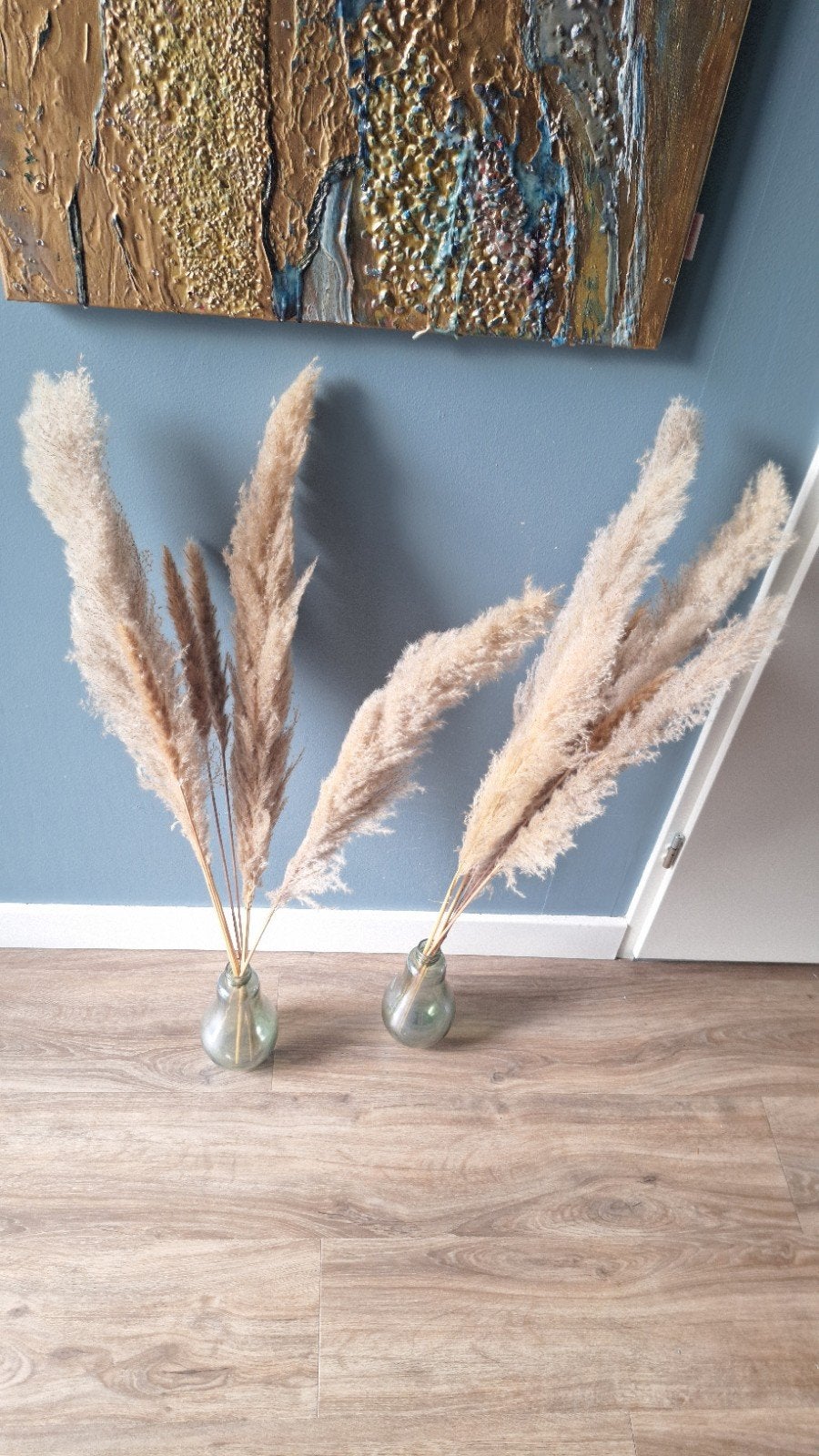 Pampas pluimen in glazen vaasjes - set van 2, Beige, Ophalen of Verzenden, Zo goed als nieuw, Natuurlijk materiaal