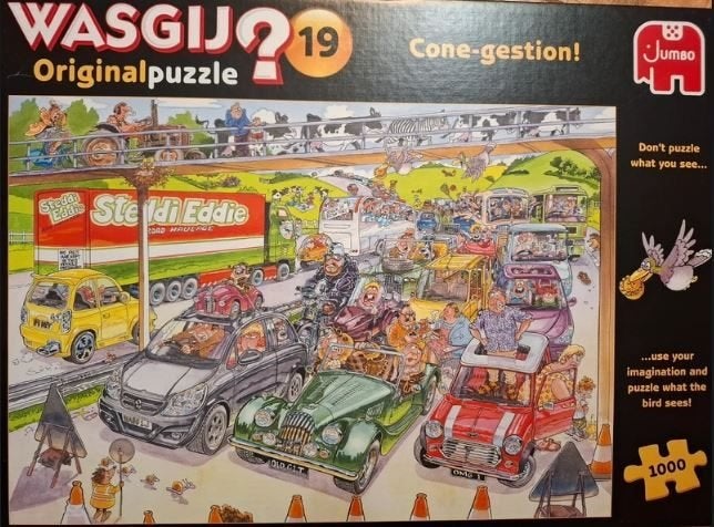 Wasgij original 19 Pitstop! 1000 stukjes, Ophalen of Verzenden, 500 t/m 1500 stukjes, Zo goed als nieuw, Legpuzzel