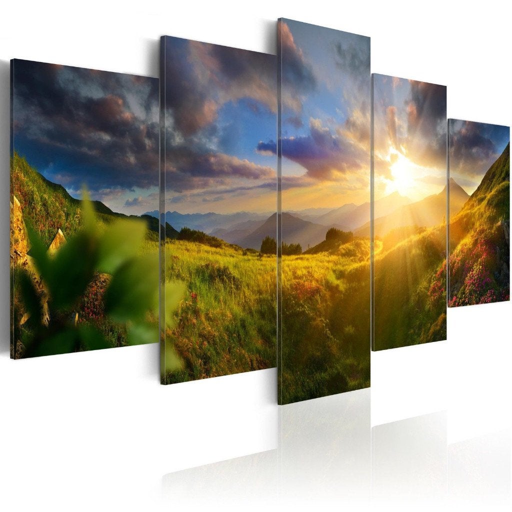 263 Natuur Sunset 5 Luik Canvas Schilderij 200x100cm Nieuw, Nieuw, 125 cm of meer, Ophalen of Verzenden, Schilderij