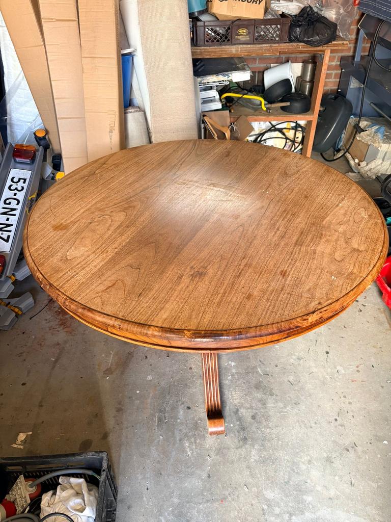 Ronde Teakhouten tafel met bolpoot bali, Huis en Inrichting, Tafels | Eettafels, Gebruikt, Ophalen of Verzenden, 100 tot 150 cm