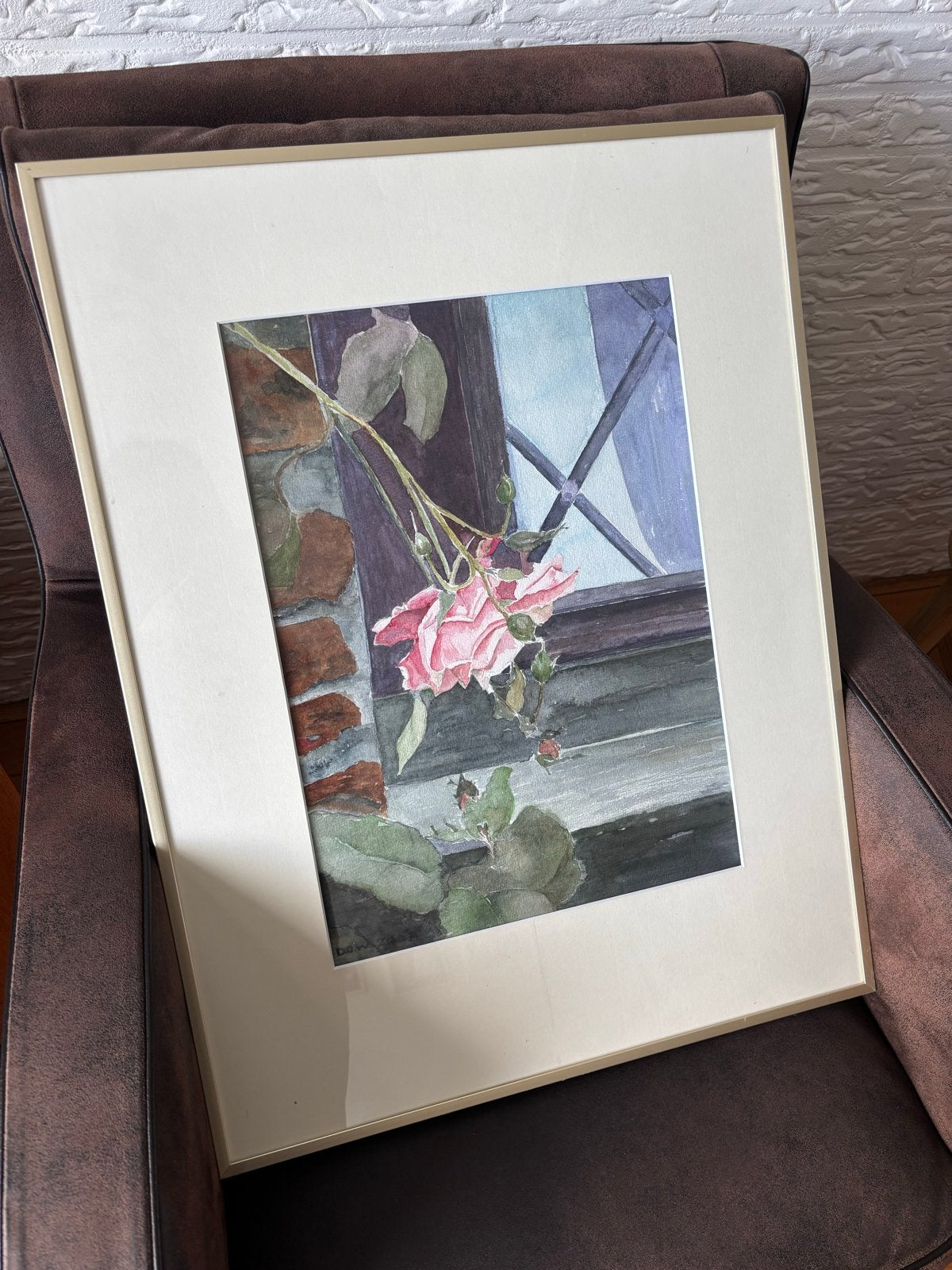 Schilderij Roos, Realistisch, Aquarel, Papier, Ingelijst