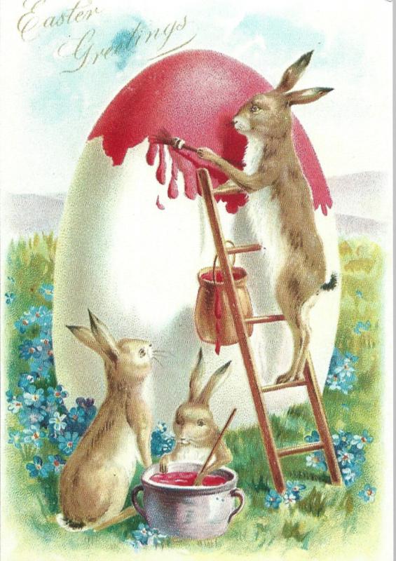 Pasen prentbriefkaart: Haasjes versieren Paasei {45}, Verzenden, 1980 tot heden, Ongelopen, Feest(dag)
