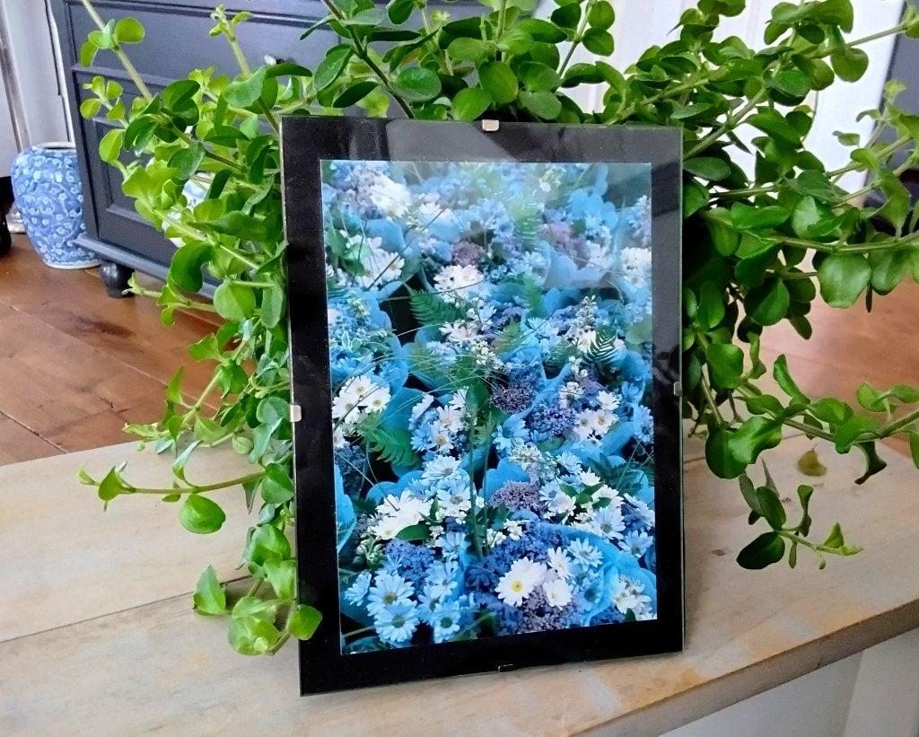 Kaart met bloemen in wissellijst, Gebruikt, 12 cm, 17 cm, Ophalen of Verzenden