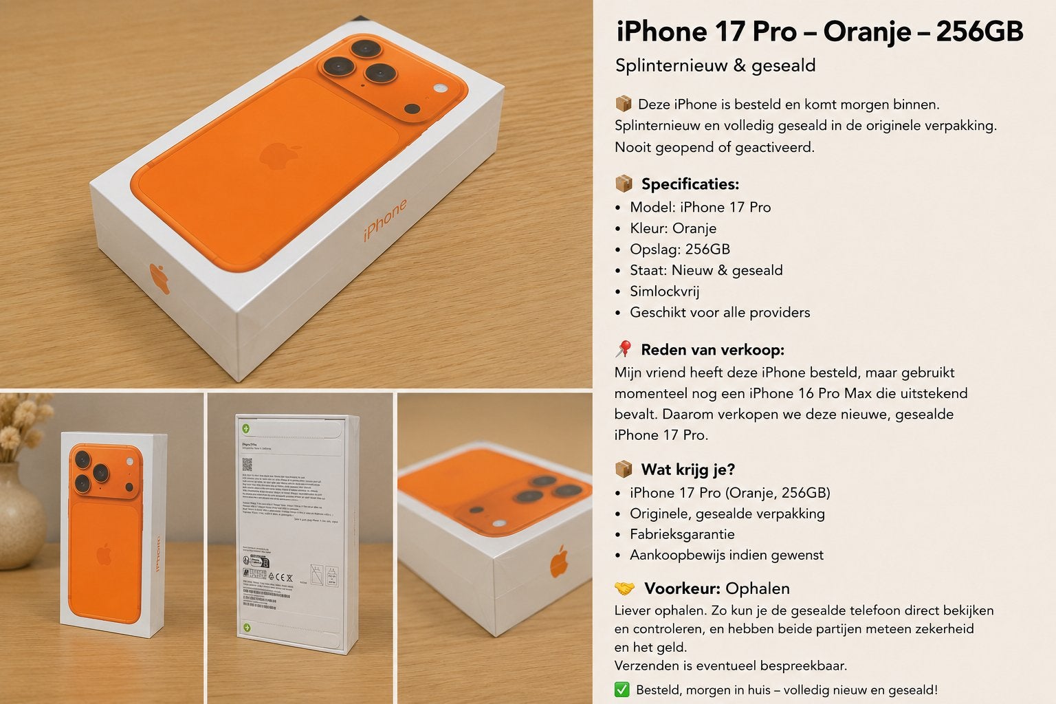 Iphone 17 pro-5g-256 GB cosmic orange NIEUW! Vanavond 970,-, Ophalen of Verzenden, Zo goed als nieuw, Zwart, 256 GB