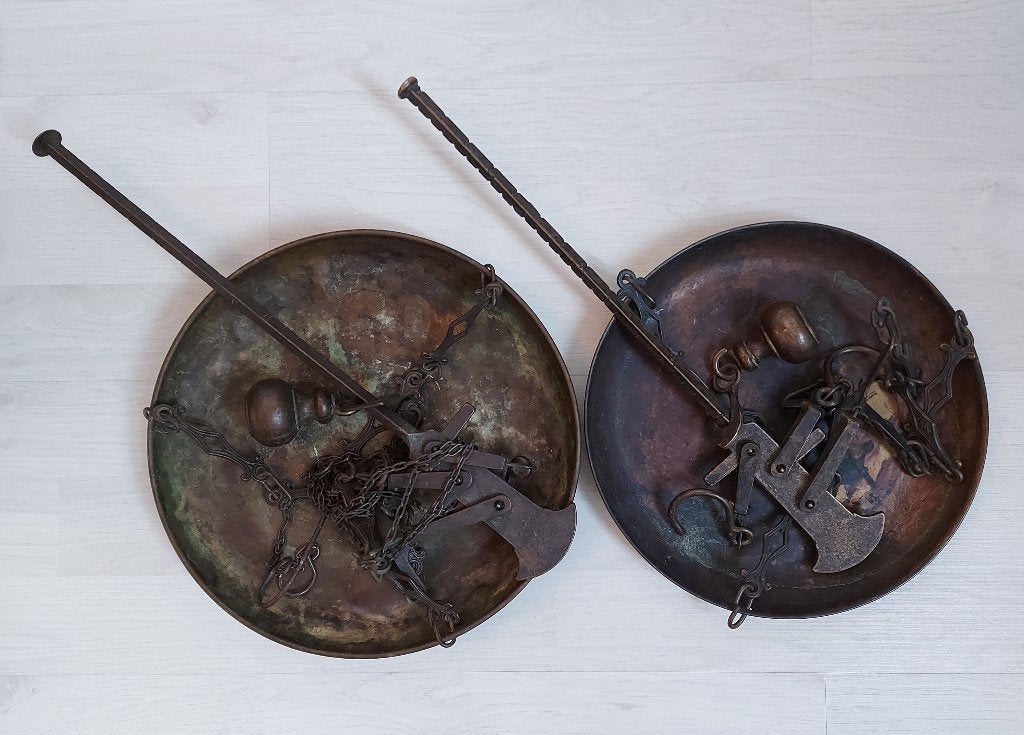 2 nostalgische koperen balans weegschalen, Antiek en Kunst, Ophalen of Verzenden, Koper
