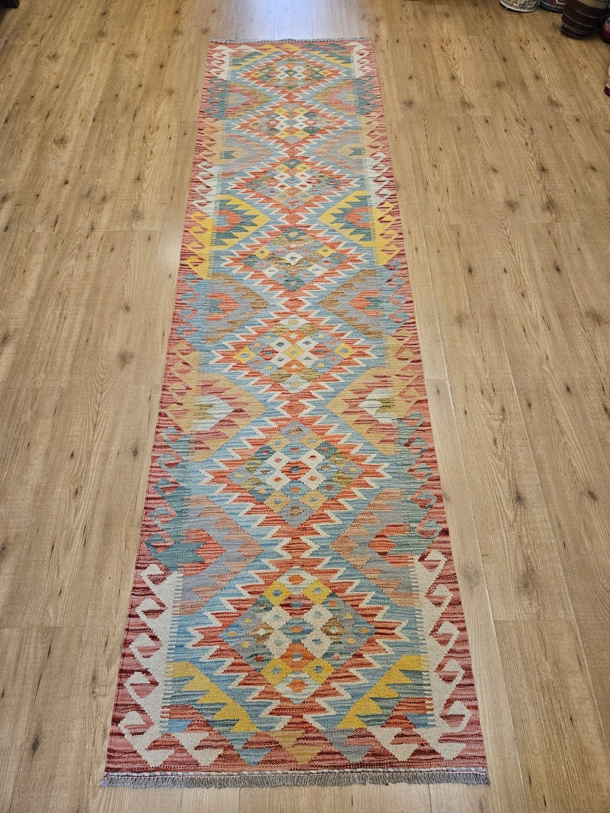 Handgeweven oosterse wollen kelim loper 304x80, Info@SlatsAntiek.nl, Vof Slats Antiek, Kelim, Blauw