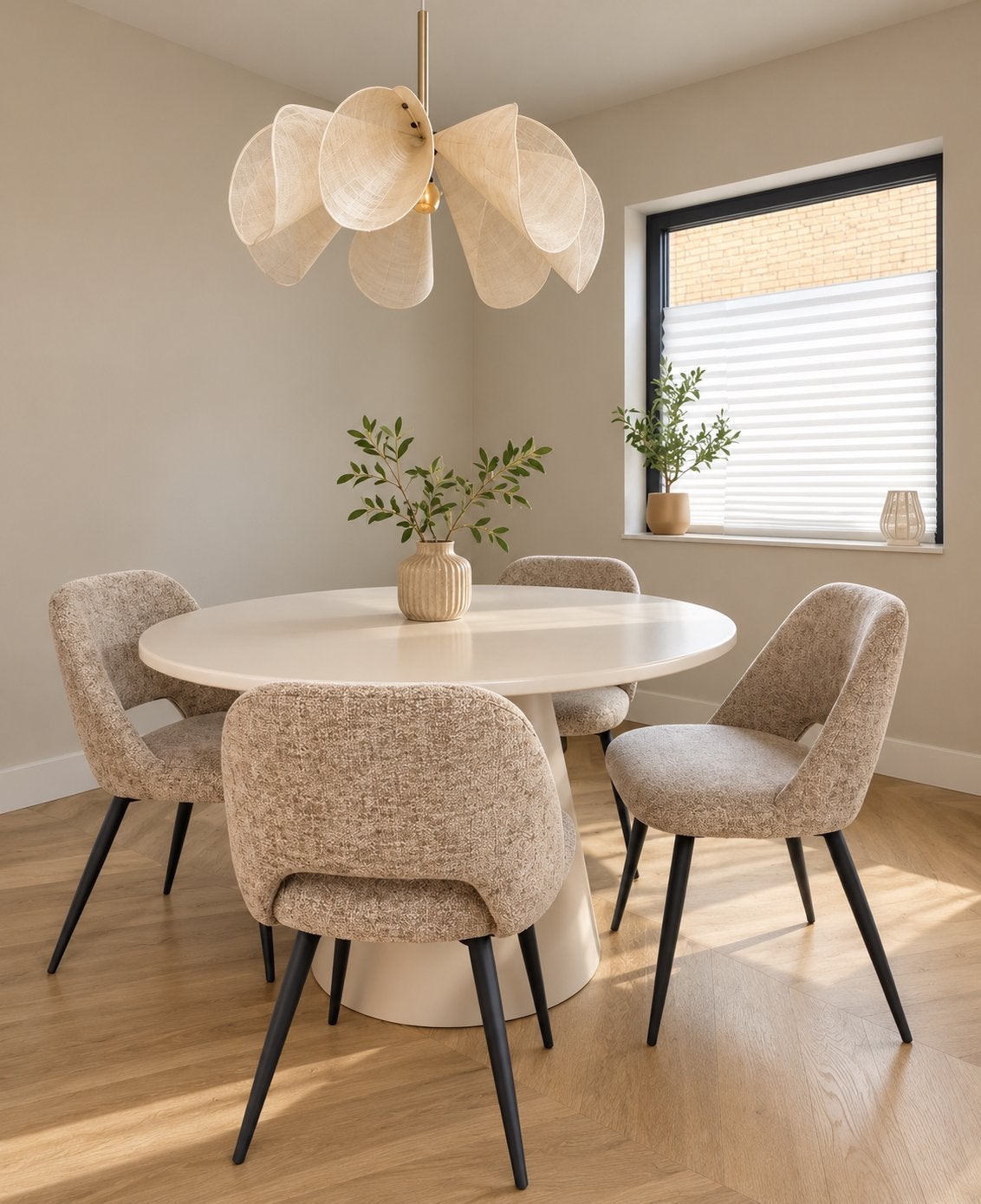 Ronde tafelset met 4 stoelen beige zgan, Huis en Inrichting, Ophalen, Japandi, 100 tot 150 cm, Amsterdam