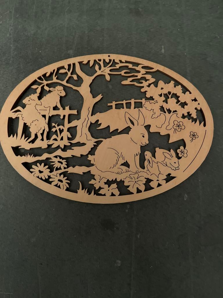 Houten Paashanger Ovaal - Konijnen en Schaapjes 22,5x16,5 cm, Ophalen of Verzenden