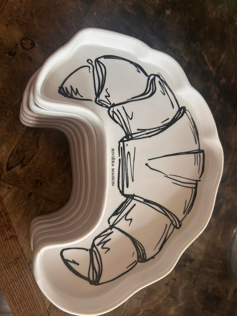 6x ontbijt croissant bordjes Riviera Maison, Huis en Inrichting, Keuken | Servies, Ophalen of Verzenden, Zo goed als nieuw, Bord(en)