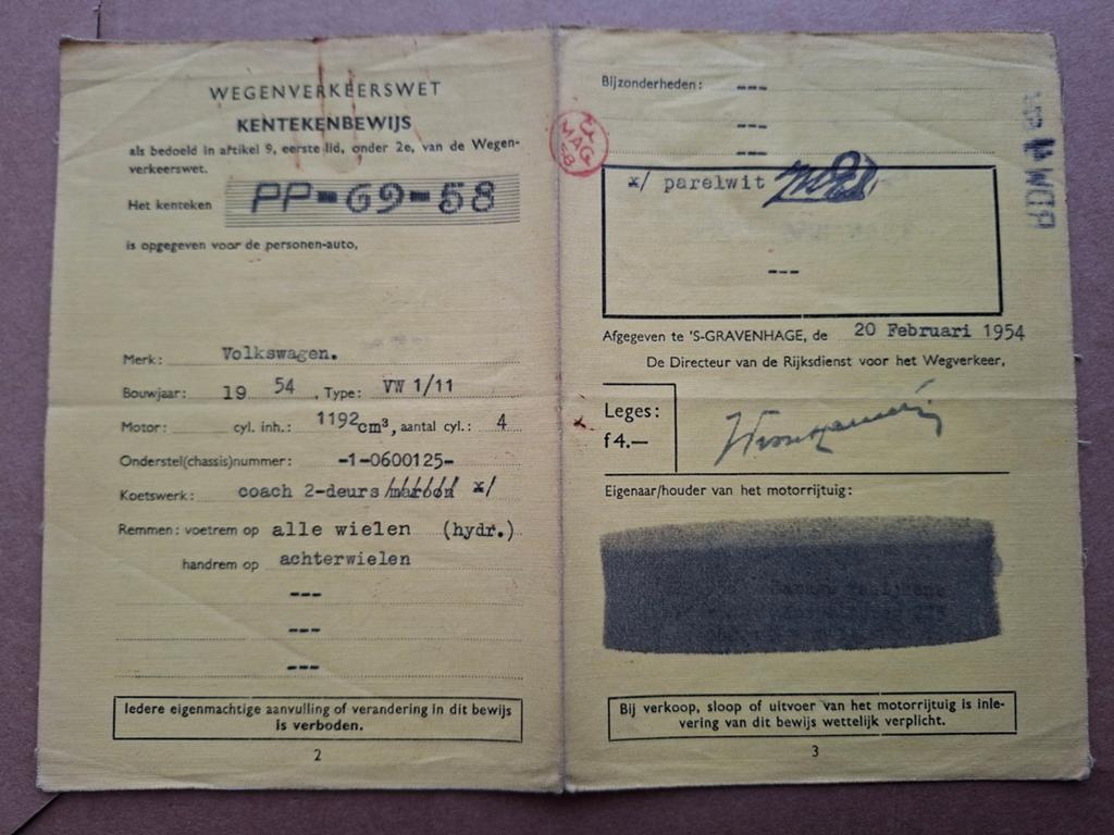 Linnenkentekenbewijs Volkswagen Ovaal Kever 1954, Ophalen of Verzenden, Gelezen, Volkswagen