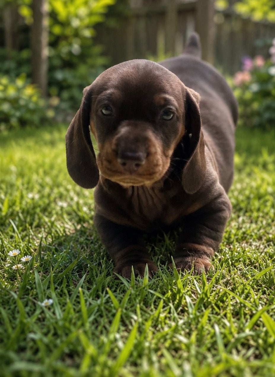 Teckel reutje. Choco kleur, Dieren en Toebehoren, Honden | Teckels en Dashonden, Parvo, Reu, 8 tot 15 weken, Korthaar