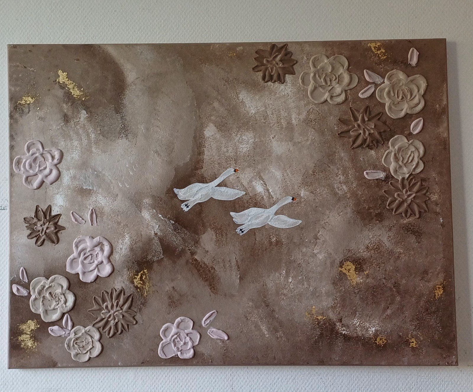 Handgemaakt abstract schilderij met 3d bloemen, Ophalen of Verzenden