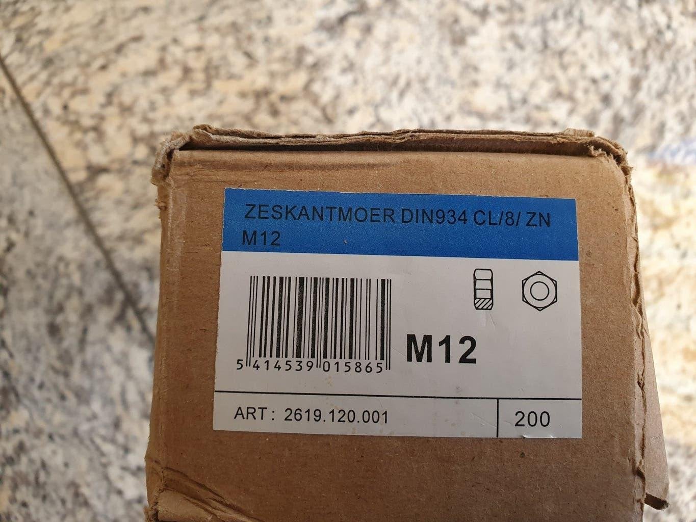Zeskantmoeren M12 DIN934 CL/8/ZN - 150 stuks, Doe-het-zelf en Verbouw, Ophalen of Verzenden, Nieuw, Bouten of Moeren