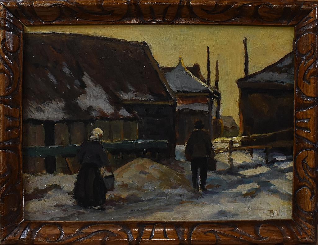 Winterlandschap met boerderijen Nederlandse school., Antiek en Kunst, Kunst | Schilderijen | Klassiek, Verzenden