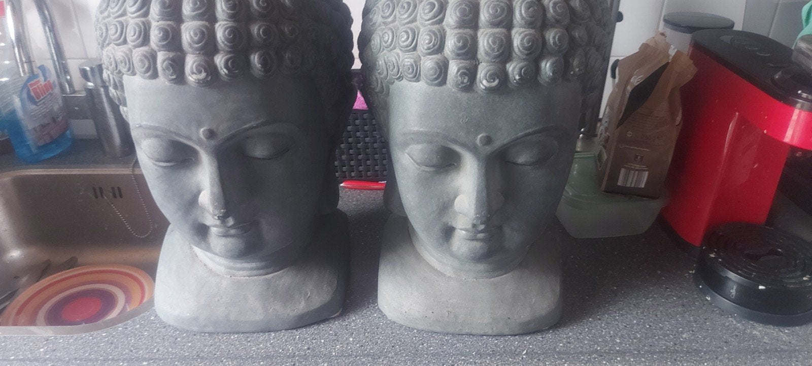 4x boeddha hoofden, Steen/keramiek, Nieuw, Grijs, Ophalen