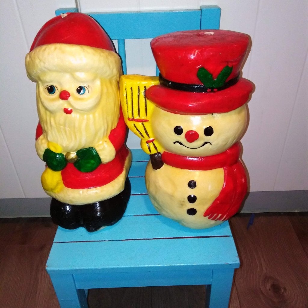 Vintage grote kerst kaarsen kerstman en sneeuwpop, Ophalen, Gebruikt