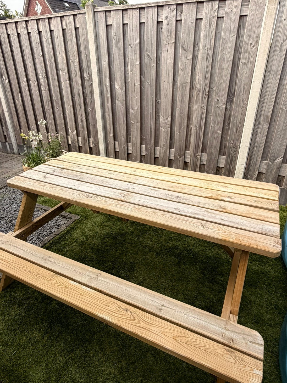 Picknicktafel deluxe naaldhout 180x70cm (Praxis), Tuin en Terras, Picknicktafels, Ophalen, Zo goed als nieuw, Rechthoekig, Hout