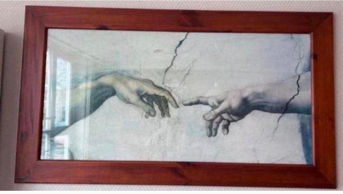 Reproductie van Michelangelo's 'De Schepping van Adam, Ophalen, Schilderij, Print/reproductie, Achter glas
