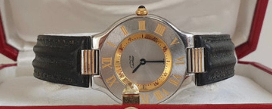 Must 21 herenhorloge Cartier verpakking extra horlogebandje, Ophalen, Zo goed als nieuw, Leer, Overige merken