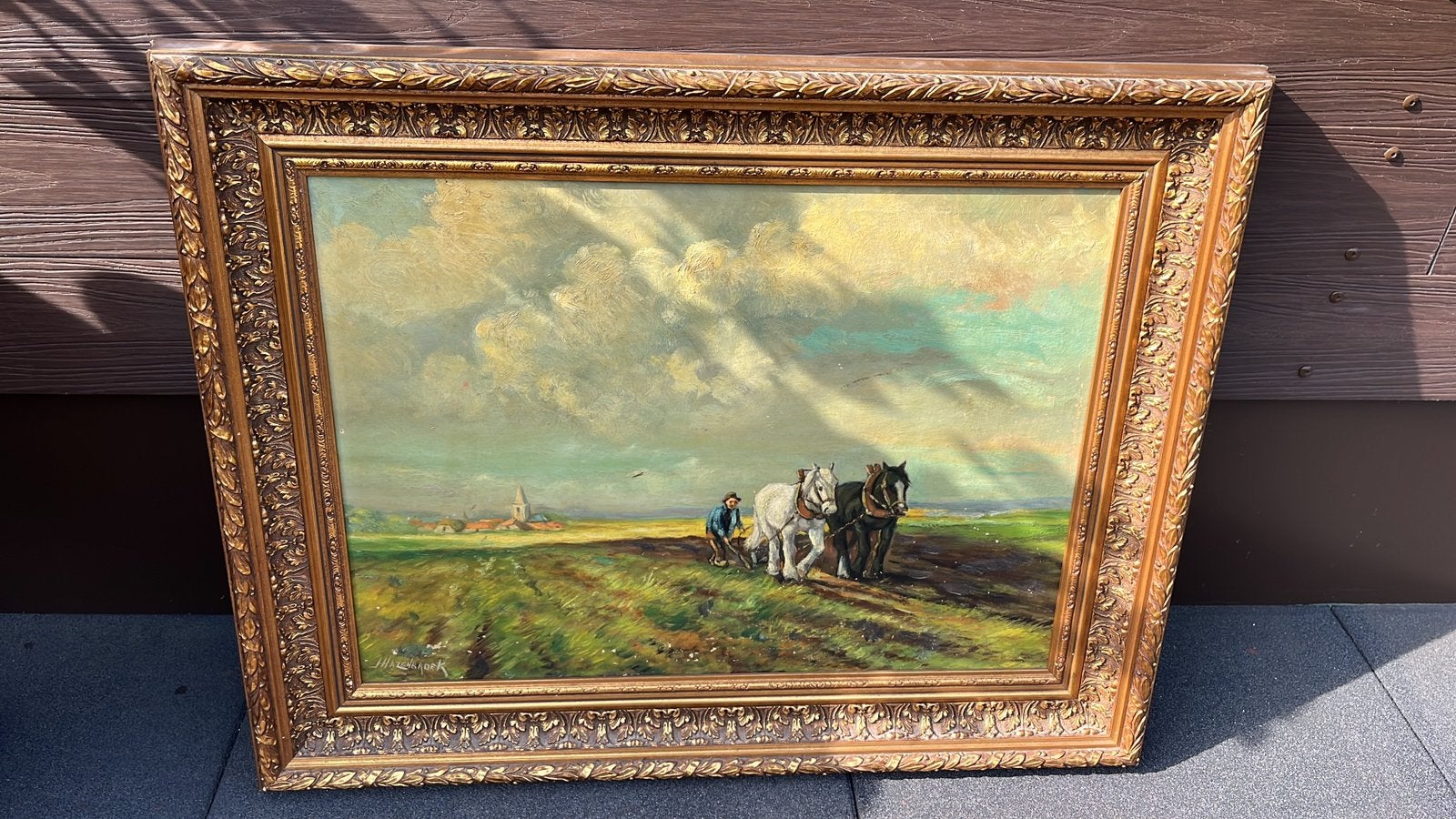 Schilderij Ploegende boer, Ophalen of Verzenden, Olieverf, Landschap