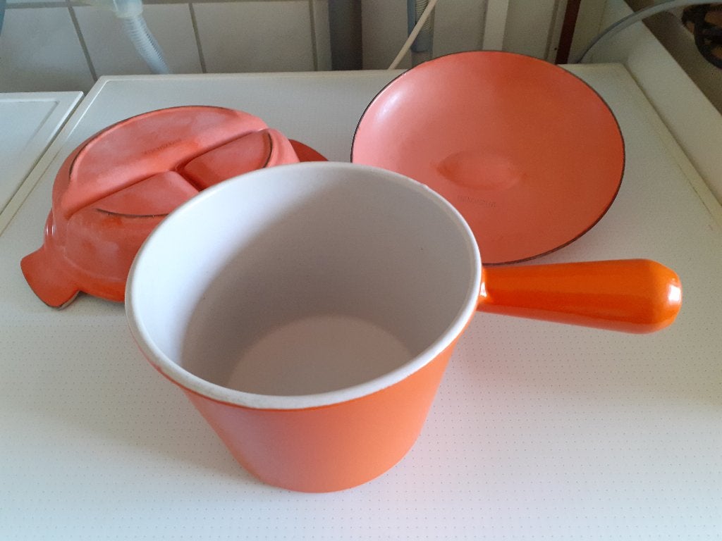 Retro Le Creuset pan, saus/fonduepan, oranje, Ophalen, Gietijzer, Met handvatten, Le Creuset