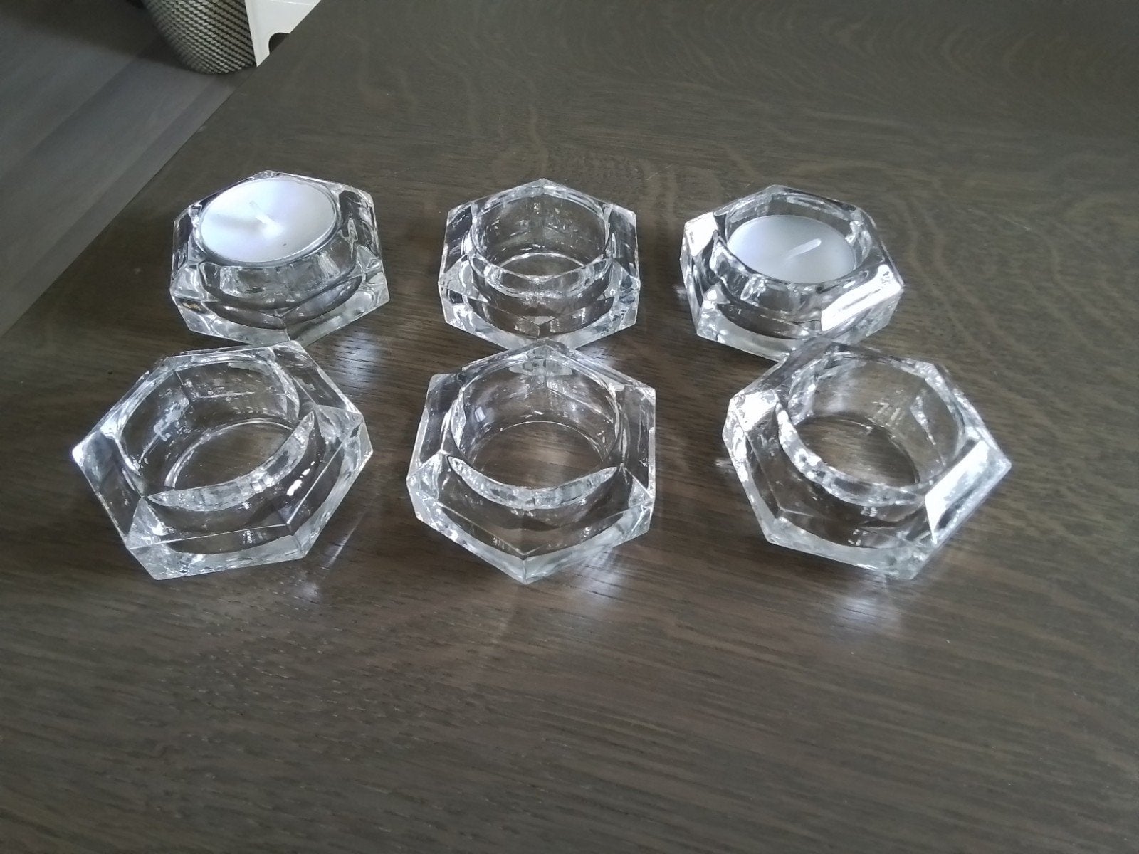 LEERDAM KRISTAL PERSGLAS - ZES 6-KANTIGE WAXINELICHTHOUDERS, Antiek en Kunst, Ophalen of Verzenden