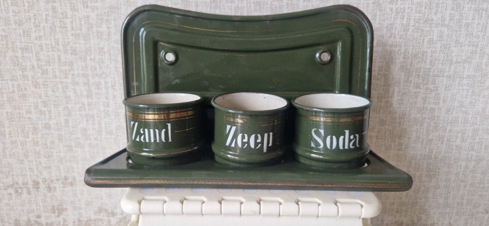 Vintage emaille rek met Zand, Zeep, Soda potten, Ophalen