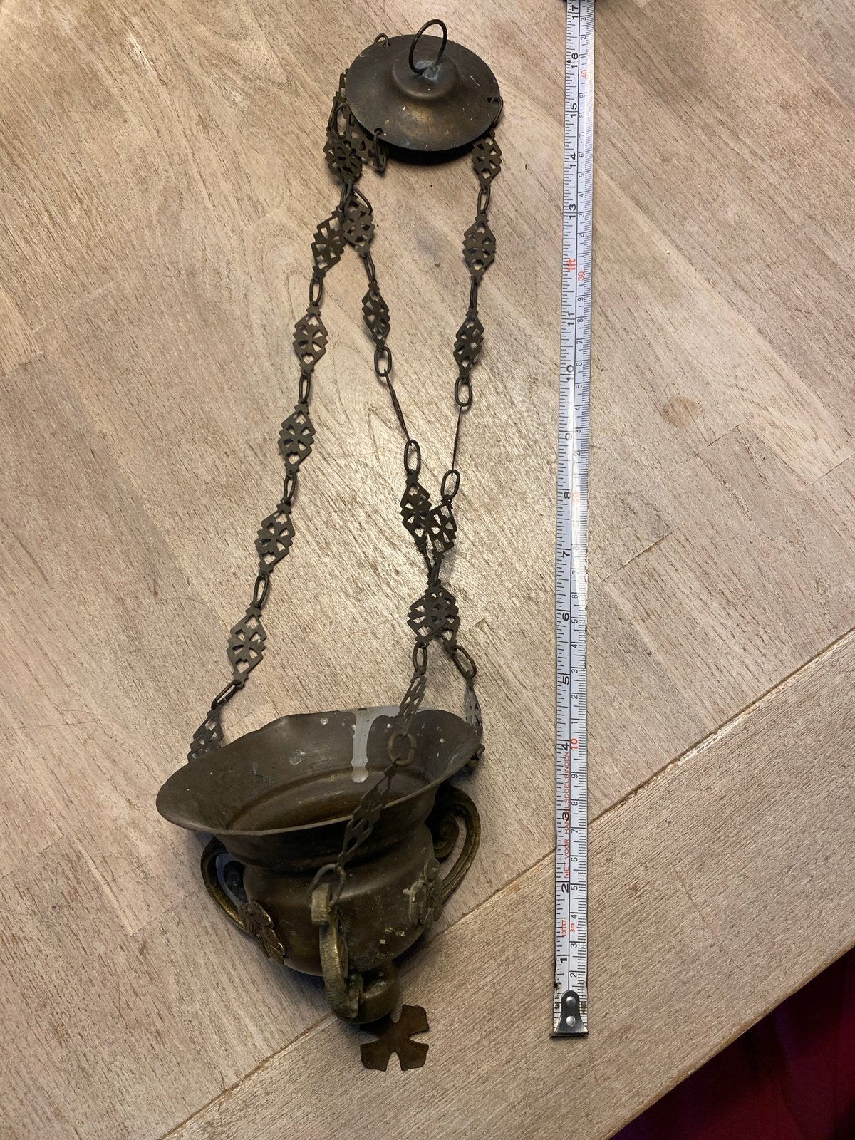 Antieke koperen hanglamp met ketting, Ophalen of Verzenden, Koper