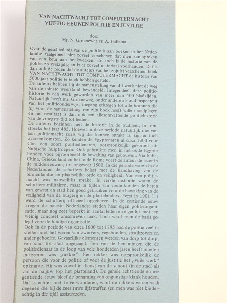 Van Nachtwacht tot Computermacht — Politie en Justitie, Boeken, Ophalen of Verzenden, Gelezen, Nederland