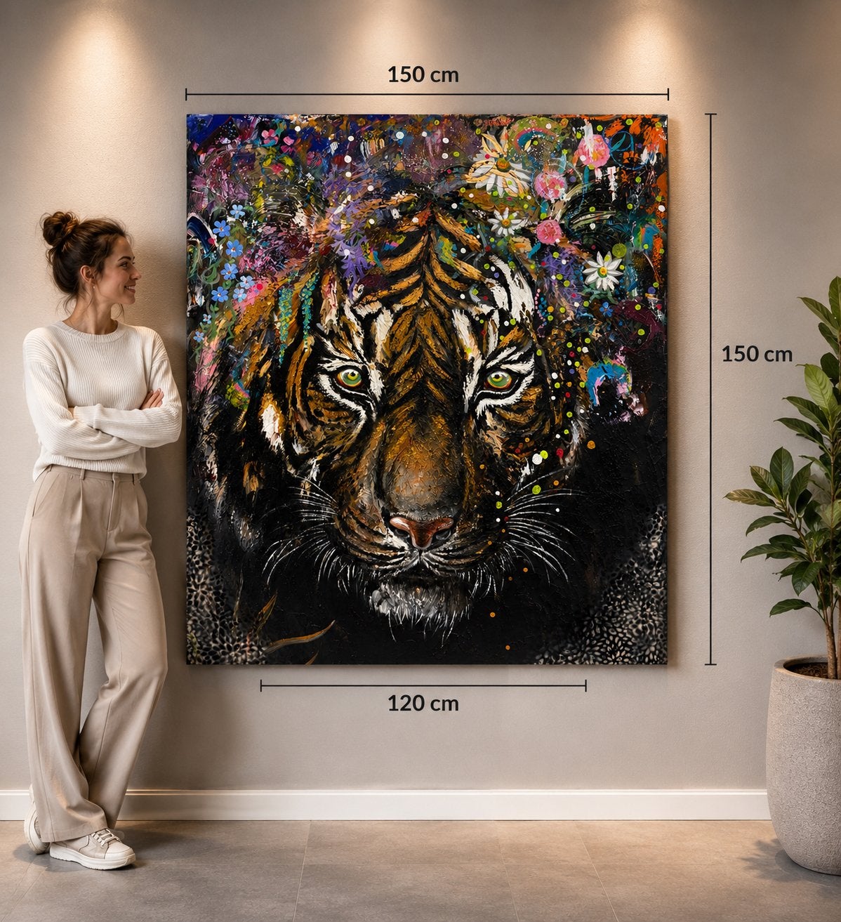 Megagroot schilderij Tijger met bloemen en “bling”!, Ophalen of Verzenden