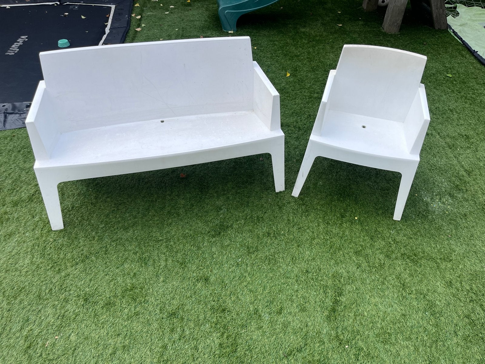 Tuinbank en 6 stoelen - Wit kunststof, Tuin en Terras, Ophalen, Gebruikt, Kunststof