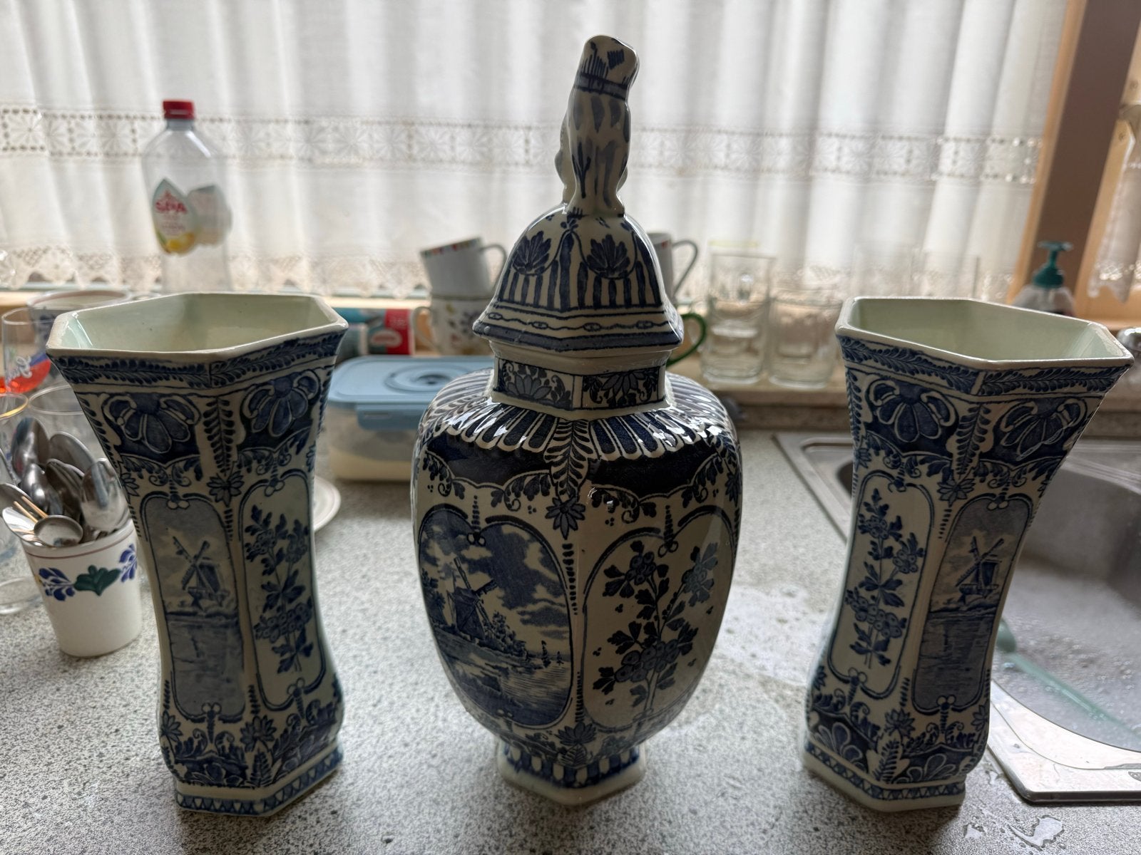 Prachtig Delfts Blauw Boch Sphinx Vaas en Pot Set, Ophalen of Verzenden