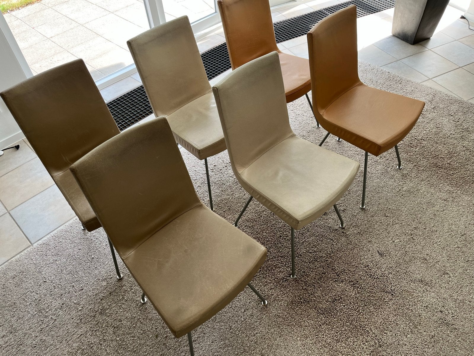 Set van 6 Jim Monnis stoelen - Ontwerp Gijs Papavoine, Gebruikt, Bruin, Leer, Ophalen of Verzenden