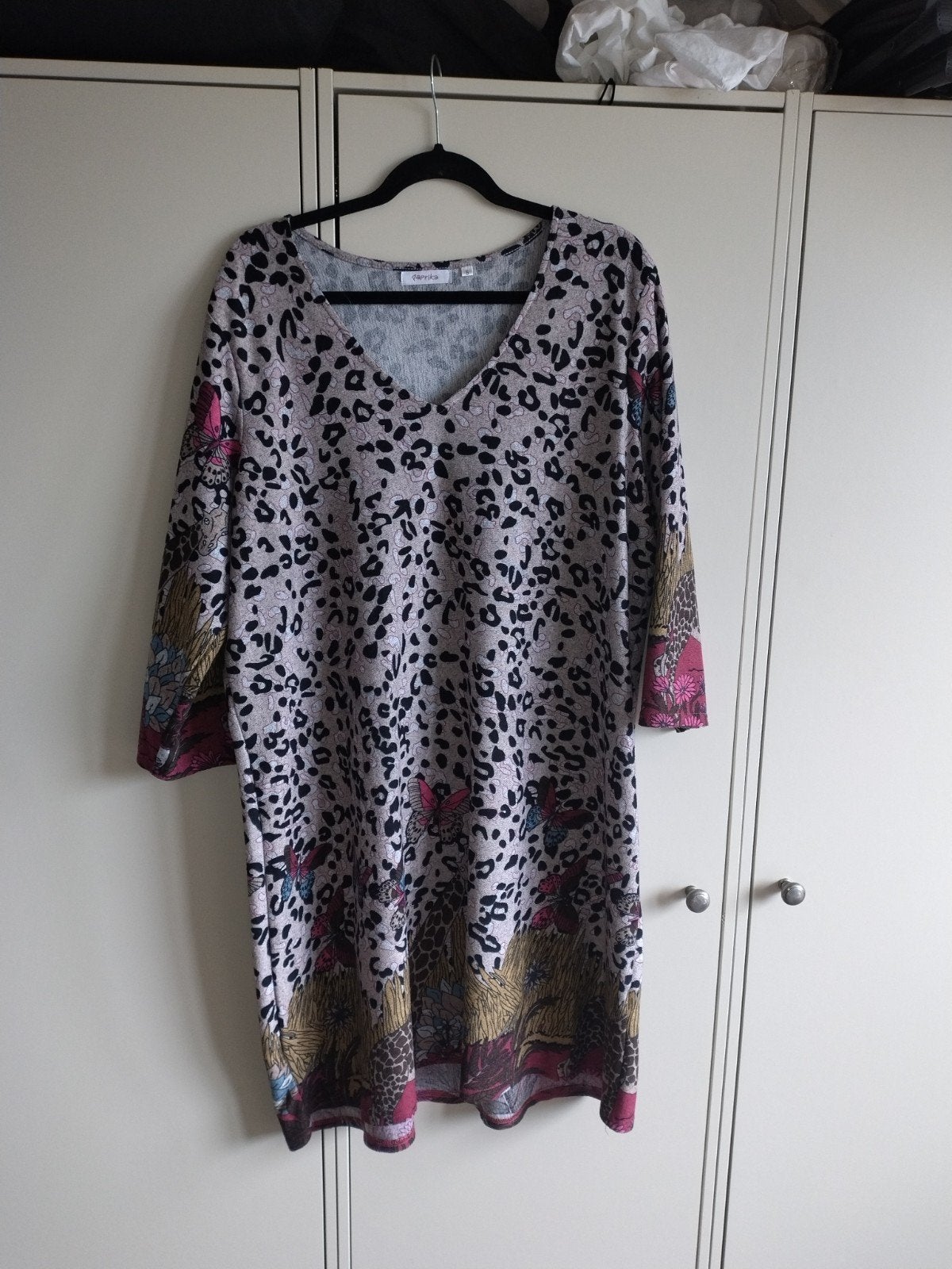 Paprika jurk met dierenprint en bloemen, maat 46/48 (XL), Kleding | Dames, Jurken, Overige kleuren, Maat 46/48 (XL) of groter