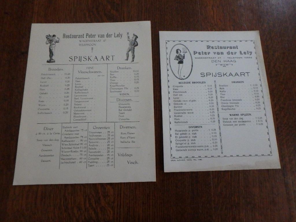 Menu restaurant Peter van der Lely Den Haag 1947, Ophalen of Verzenden, Zo goed als nieuw