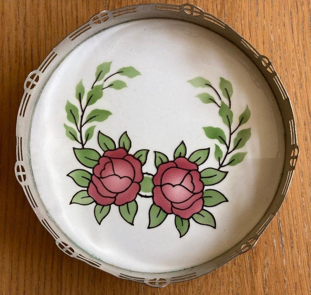 klein rond dienblad / tableau, tegel met afbeelding rozen, Antiek en Kunst, Ophalen of Verzenden
