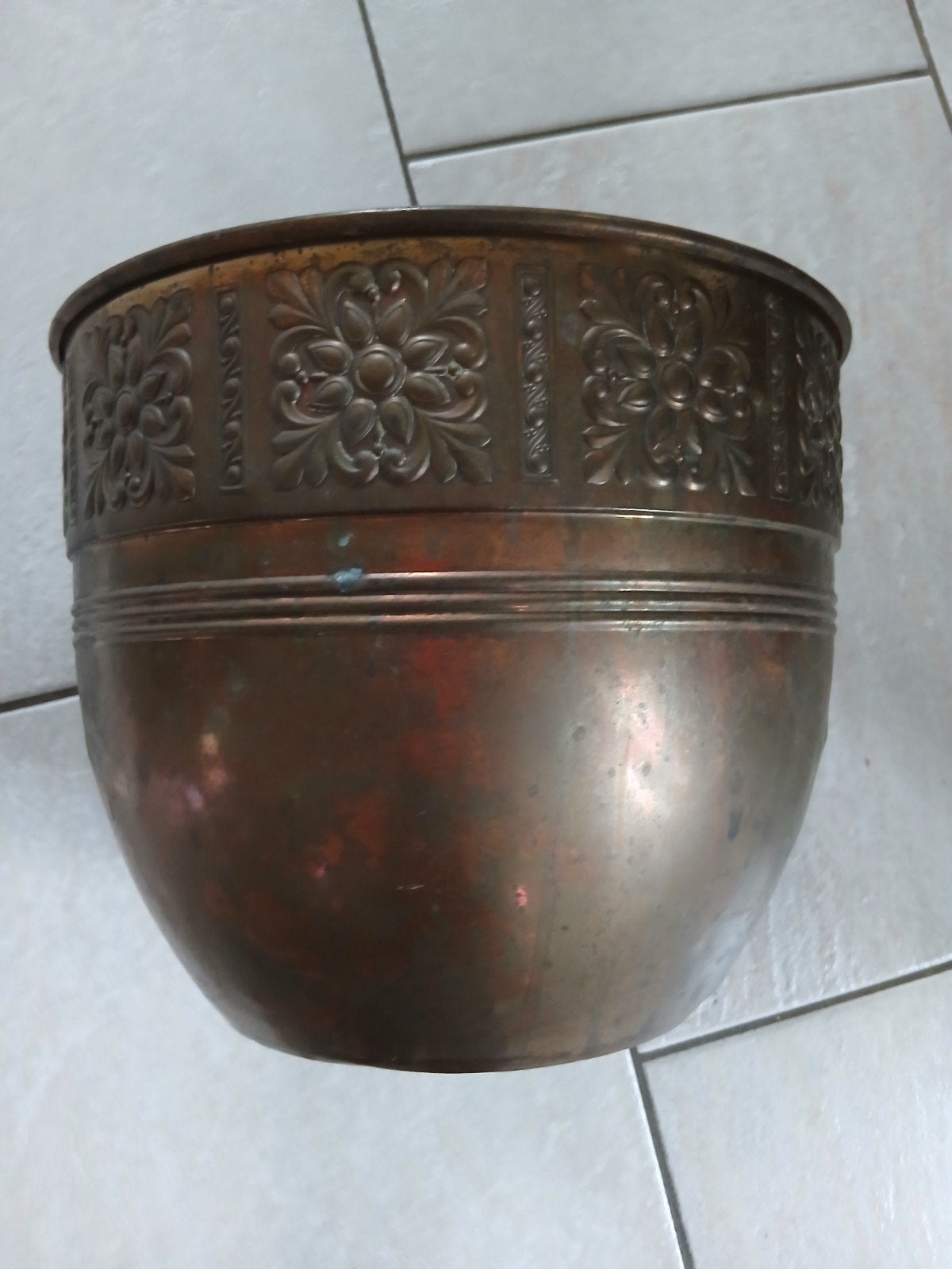 Vintage koperen bloempot.co.4 CM doorsnede 29 cm, Rond, Ophalen of Verzenden, Metaal, Minder dan 40 cm