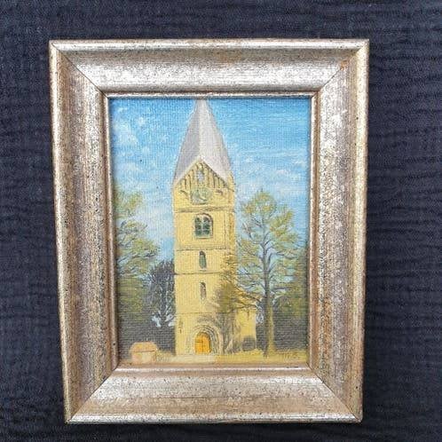 Vintage ca 1950's kleine schilderij - Nicolaaskerk Haren, Origineel werk, Ophalen of Verzenden, Klassiek, Stads- / dorpsgezicht