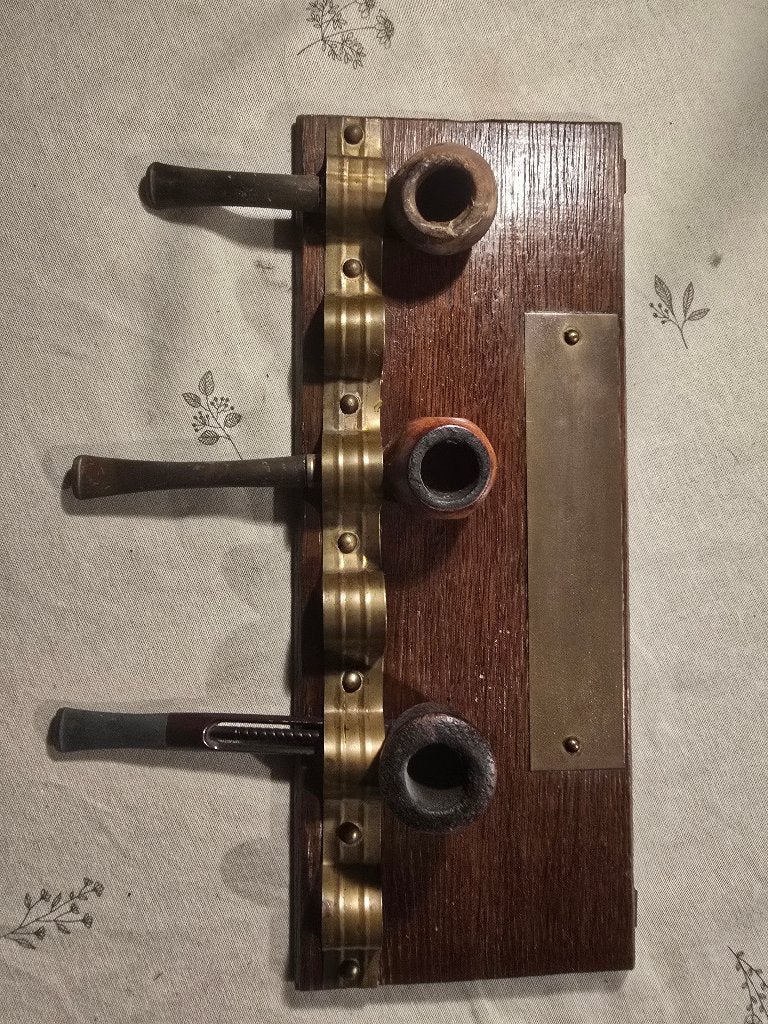 Vintage houten pijpenrek met 3 pijpen messing beslag, Verzamelen, Ophalen of Verzenden, Gebruikt, (Water)pijp