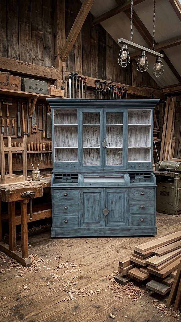 Unieke Teak Buffetkast in Aubusson Blue, 200 cm of meer, Glas, Nieuw, Uniek Teak