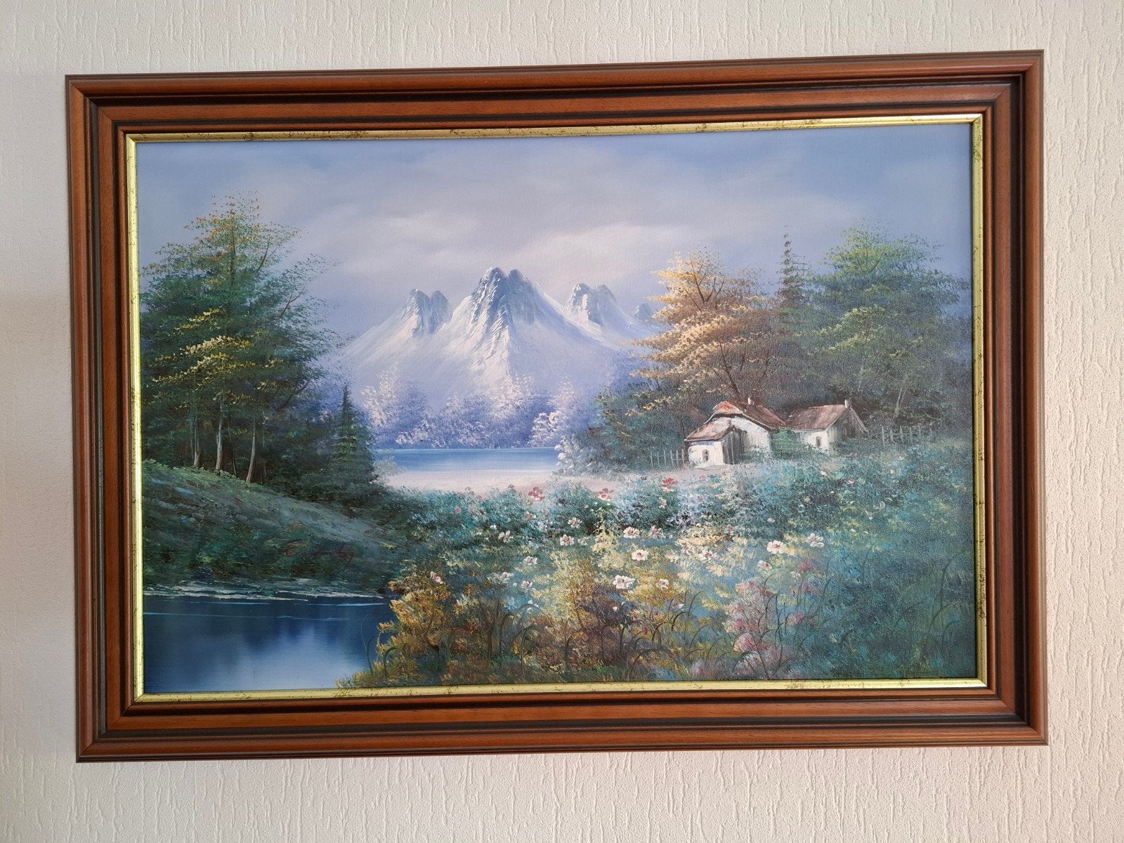 Schilderij olieverf 103 x 73 incl. lijst. Berglandschap, Antiek en Kunst, Ophalen, Doek, Realistisch, Origineel werk