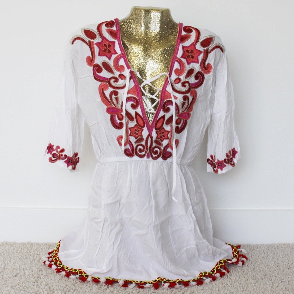 Prachig Bohemian Jurkje - 82 (M) € 25,-, Kleding | Dames, Maat 38/40 (M), Wit, Ophalen of Verzenden, Zo goed als nieuw