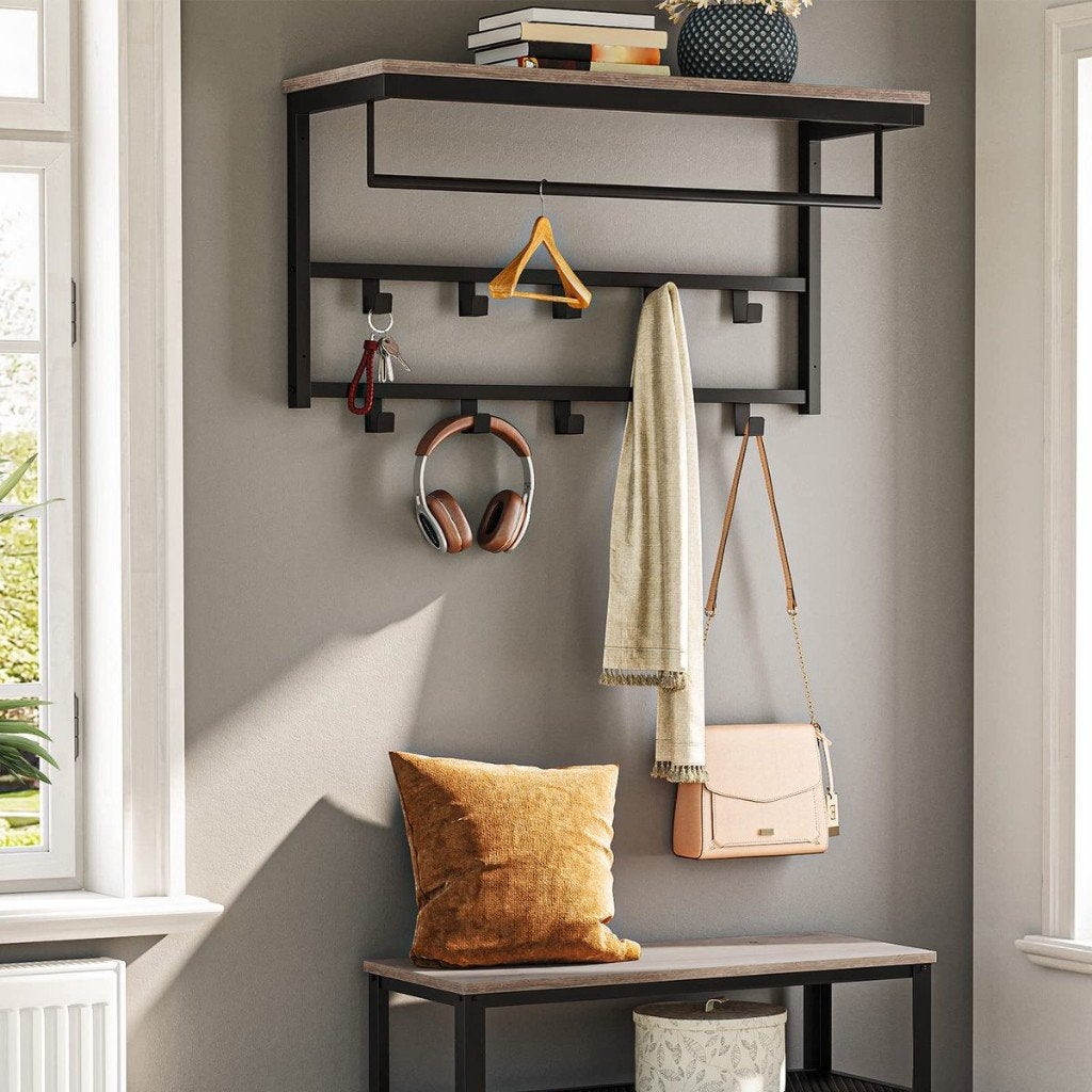 Wandkapstok Bruin-Kapstokken-Hout&Metaal-10Haken-60x30x42cm-, Huis en Inrichting, Woonaccessoires | Kapstokken, Wandkapstok, Nieuw