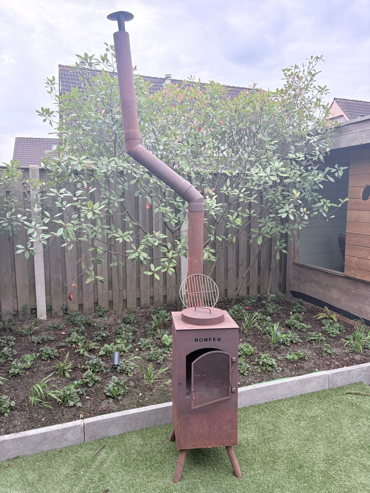 Bonfeu Cortenstalen buitenkachel met extra pijpstuk, Tuin en Terras, Ophalen, Gebruikt