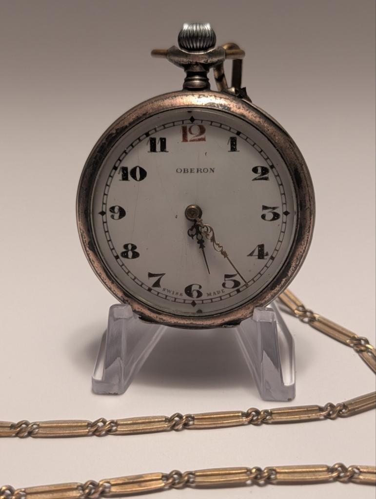 Antiek Oberon Zakhorloge met Ketting - Zilver (0.800), Overige merken, Zakhorloge, 1900 tot 1930, Ophalen of Verzenden